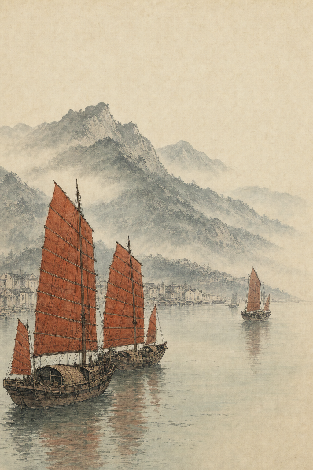 舊日維多利亞港——古式帆船於煙水間,遠處為太平山